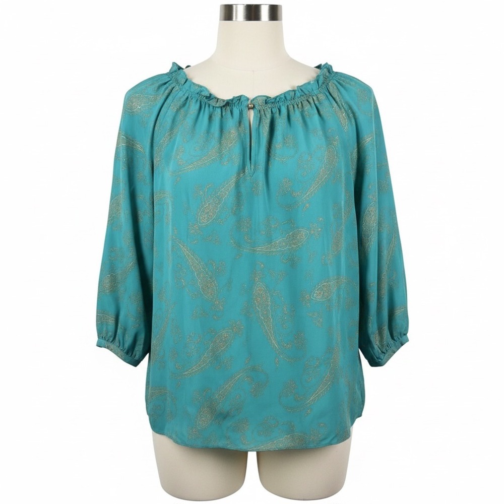 Chaps Blouse M NWT Gold Metallic Paisley Peasant Top Teal Swirl Smocked‎ Boho